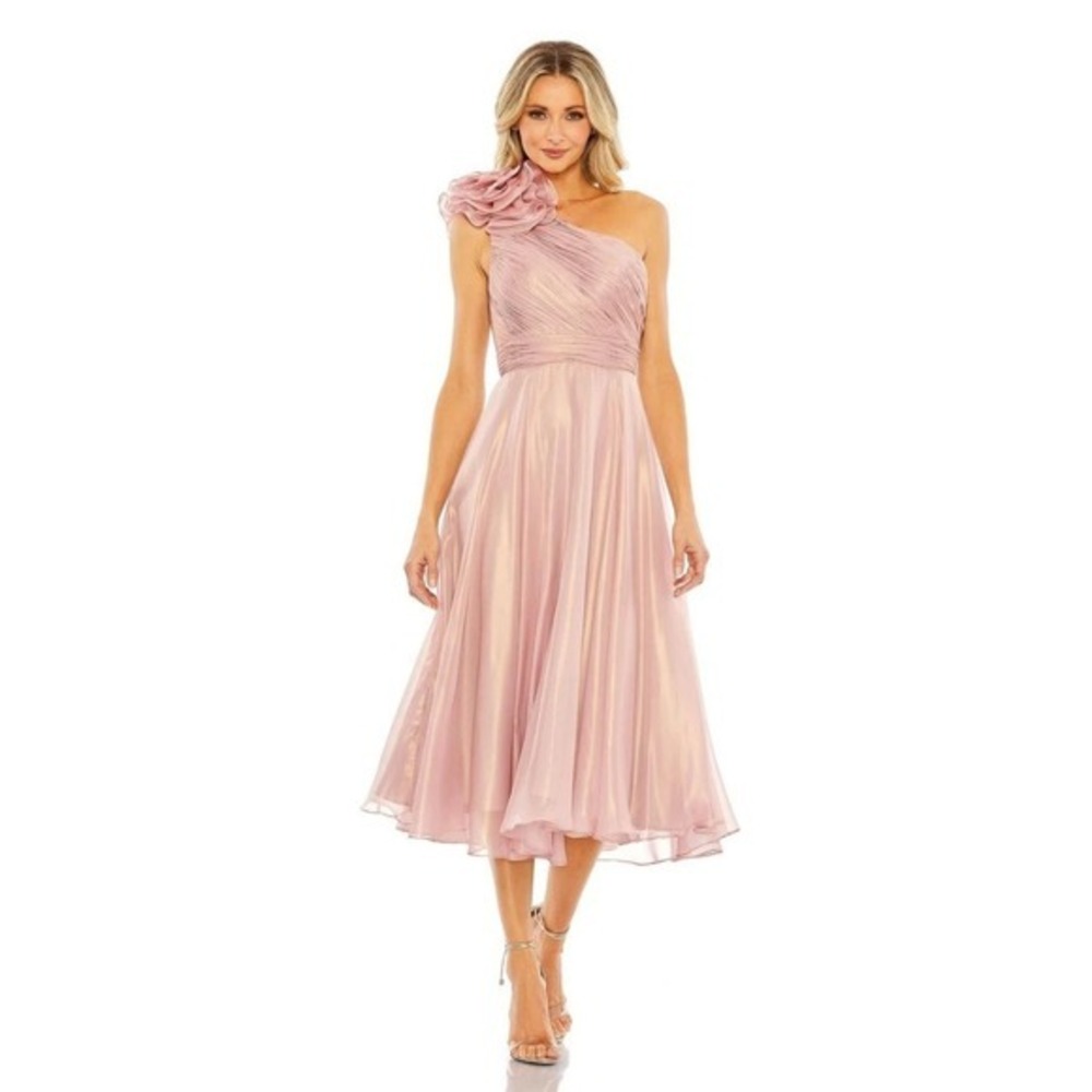 $498 Mac Duggal Size 14 Light Pink Rosette One Shoulder Tea Midi Dress Gown